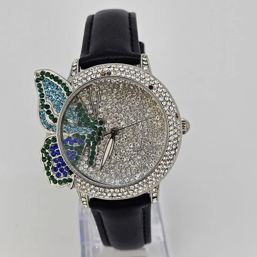 Off Park‎ Women's Watch Crystal Bling Butterfly New Black Leather Bands Battery